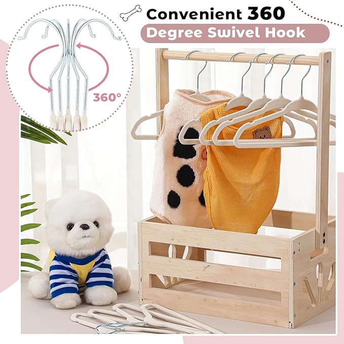 Weysat 48 Pcs Dog Clothes Hangers 11'' Non-Slip & 360° Swivel Velvet Small Pet Beige Hangers for Cats/Dogs with Rustproof Metal Hooks, Space-Saving for Home Storage & Grooming Salons Minimalism