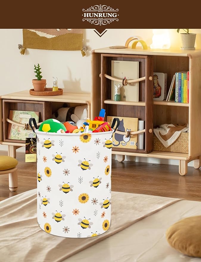 HUNRUNG Laundry Hamper,Large Canvas Fabric Lightweight Storage Basket Toy Organizer Dirty Clothes Collapsible Waterproof for College Dorms(Round-Bee)