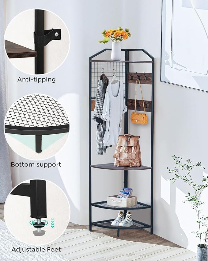 Corner Coat Rack, 78" Corner Hall Tree with Bench and Shoe Storage, Adjustable Height Floor Standing Clothes Shoes Rack with 14 Metal Hooks for Entryway, Home, Office, Bedroom (Rustic Brown 1)