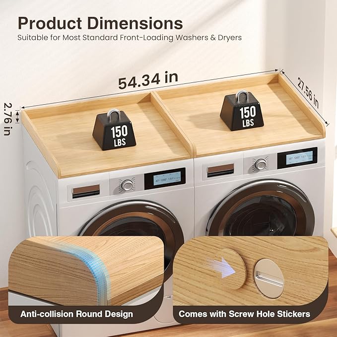 Washer Dryer Countertop Set of 2, 54.34" L x 27.56" W x 2.76" H Laundry Topper for Washer and Dryer, Wood Laundry Countertop with Anti-Slip Pads & Edge Rails for Laundry Room Organization (Light Wood)