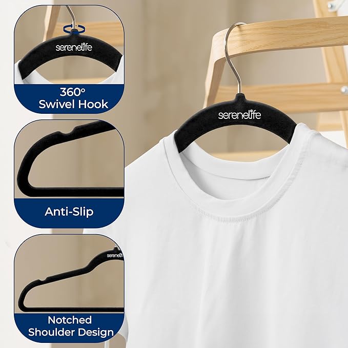 SereneLife Velvet Hangers 100 Pack Black – Slim Non-Slip Clothes Hangers with Chrome 360° Swivel Hook, Durable 10 lbs Capacity, Ultra-Thin Space Saving Hangers for Closet Organization
