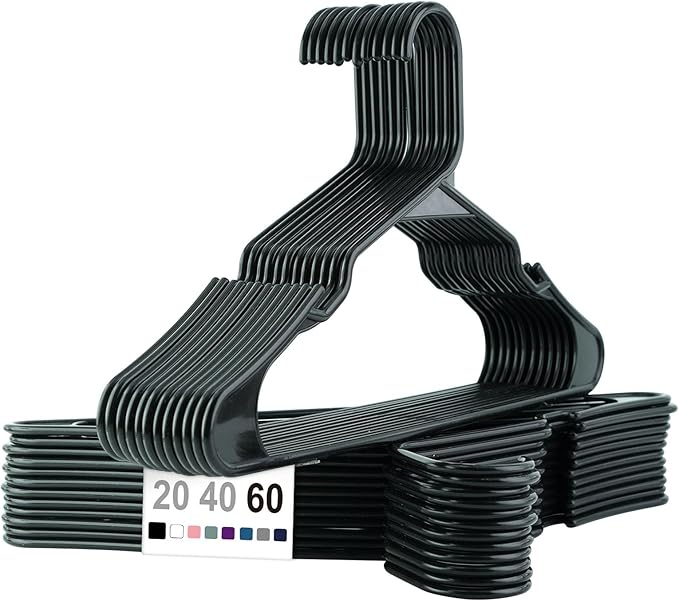 60 Pack Plastic Clothes Hangers Without Notches,Clothes Hanger Space Saving,Replete 2 Hooks Inside,Sturdy Design for All Garments (60, Black B)