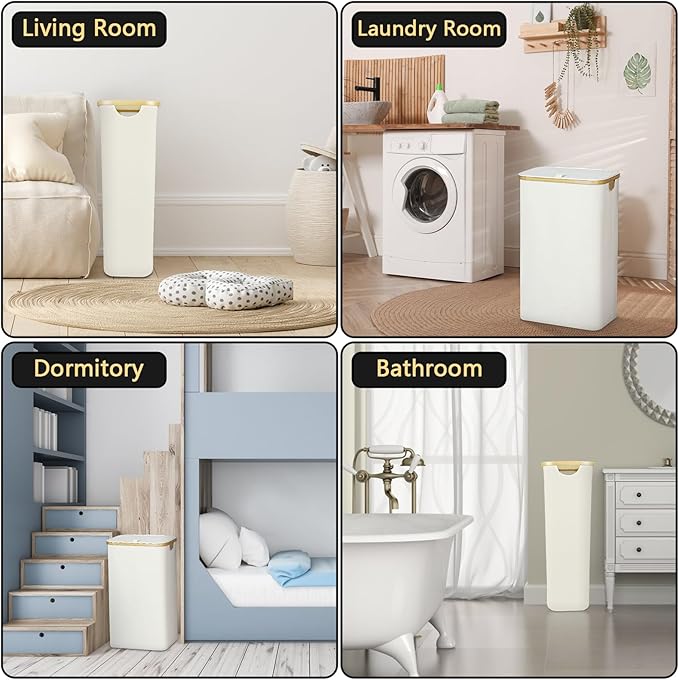 Slim Laundry Hamper with Lid - 60L Narrow Laundry Hamper with Lid, Dirty Clothes Hamper Small Hampers for Small Space, Slim Laundry Basket with Bamboo Handle (Beige)