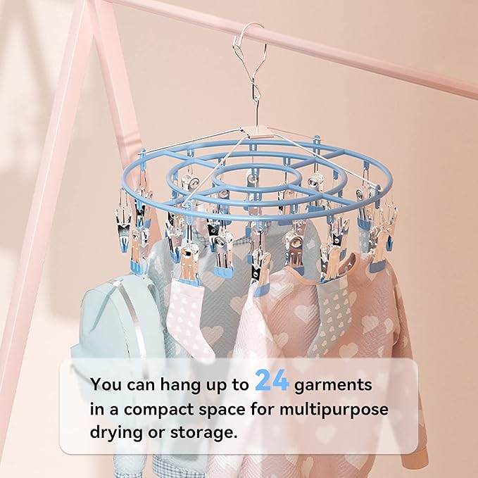 Clothes Drying Rack,Stainless Steel Laundry Drip Hanger with 24 Clips, Heavy Duty Round Swivel Windproof Hook Underwear Hanger for Drying Towel, Bras, Sock,Lingerie, Baby Clothes (Blue)