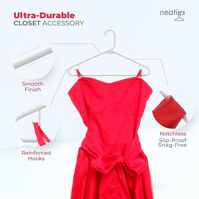 Neaties Plastic Hangers 15 Pack – Made in The USA – 6lb Capacity Standard Clothes Hangers with Strap Hooks for Dresses, Lingerie, Shirts, Pants, and Jackets – Pink