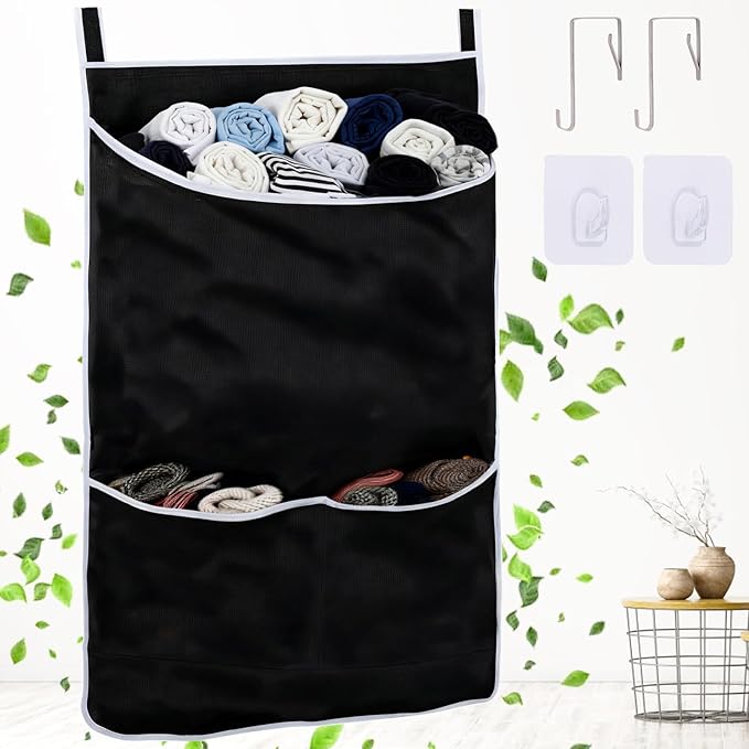 Black Hanging Laundry Hamper Bag, XL Door Hanging Hamper with Large Openging Laundry Hamper Storage Bag Large Size 36X22 Inch, Over Door Hamper