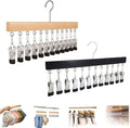 Closet Organizer with 10 Clips, Space Saving Hanging Closet Organizer, Legging Hanger for Closet Organizer with 10 Clip for Storing Jeans, Legging, Shorts (Black+Wood-12 Clips, 2PCS)