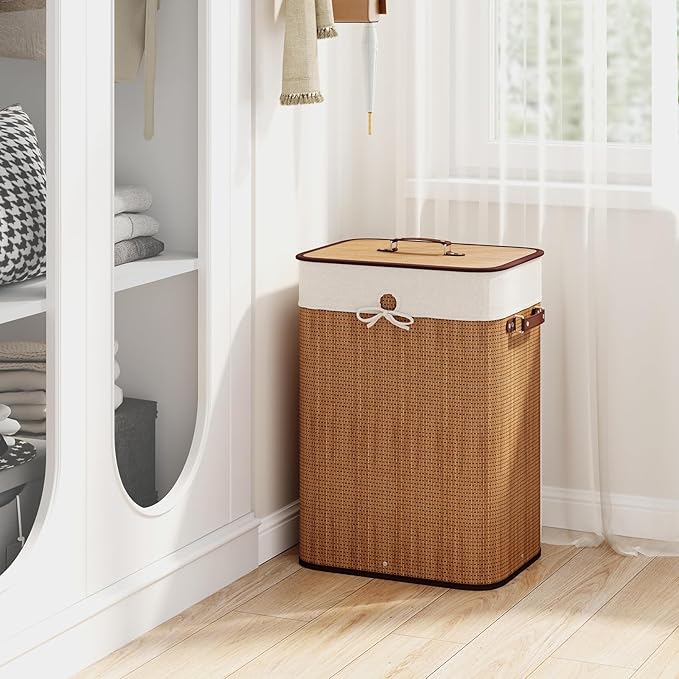Giantex Bamboo Laundry Hamper with Lid, 72L Large & Tall Clothes Hamper with Removable Liner & Handles, Rectangular Laundry Basket for Small Spaces, Laundry Room, Bedroom