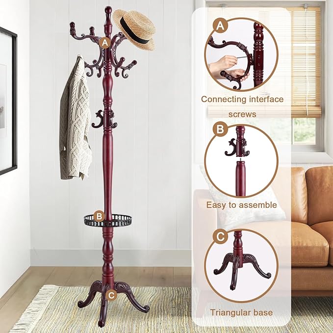 Solid Wood Coat Rack, Free Standing Hall Coat Tree with 14 Hooks, 3 Height Options, 300lbs Load, Stury Base, Clothes Rack for Entryway, Hallway, Bedroom (Tri-legged Base - H12 Rosewood)