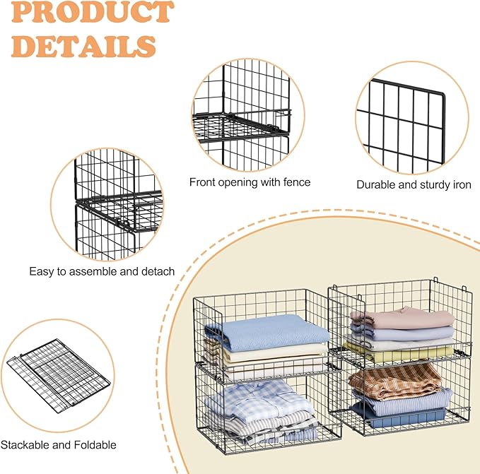 4-Tier Stackable Closet Organizers and Storage Shelves, Clothes Shelf Organizer Basket Bins, Foldable Sweater Storage for Closet Organizer System, Black (Patent Pending)