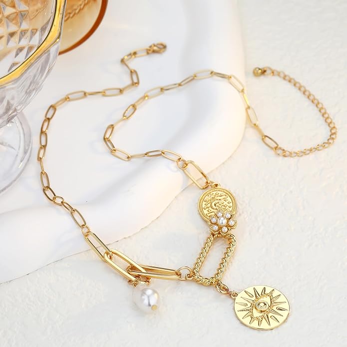 Chunky Gold Necklace for Women Gold Evil Eye Cowboy Pendant Necklace Dainty Paperclip Chain Vintage Luck Amulet Choker Necklaces Celestial Jewelry Gift