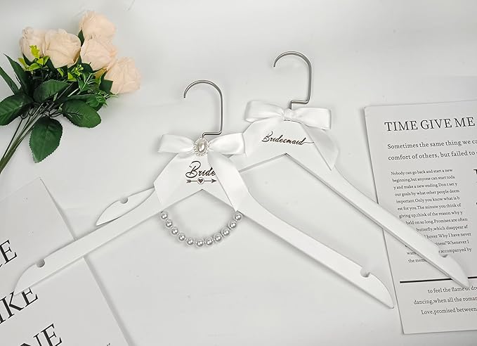 7 Pcs Bride Hanger White Wooden Bridesmaid Hangers with Bow and Pearl Necklace for Wedding Dresses Bridesmaid Gowns Personalized Wedding Gifts (1 Bride + 6 Bridesmaid Hangers)