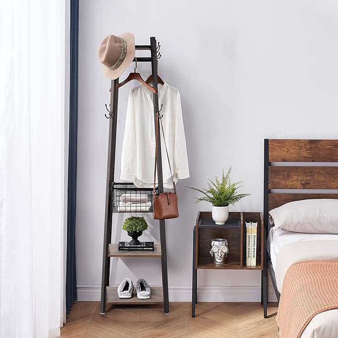 VECELO Industrial Coat Rack,Enterway Clothes Stand with 2 Tier Storage Shelves and Metal Basket,Upgrade Hall Trees with 8 Dual Hooks,Antique Brown