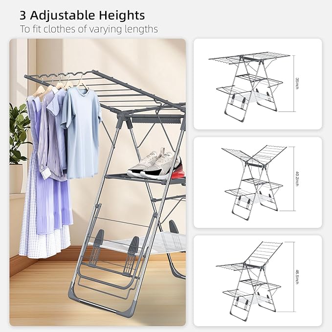 Clothes Drying Rack Foldable 2-Level Laundry Racks for Drying Clothes Rack,Stainless Steel Drying Rack Clothing Collapsible for Indoor Outdoor,with Height-Adjustable Wings (Gray- Medium)