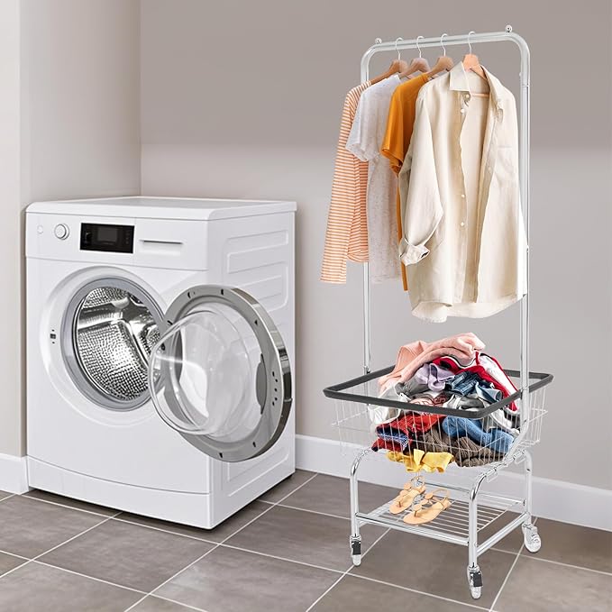Laundry Cart With Hanging Rack, 110 lbs Capacity Rolling Laundry Basket with Shoe rack, 19''x15''x70'' Laundry Basket with Wheels (3" Crystal Wheels+Black trim)
