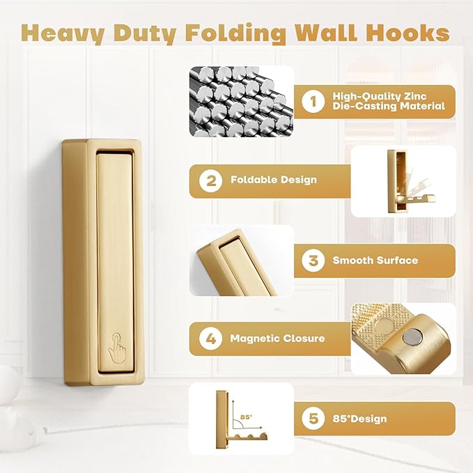 Folding Coat Hooks, 4Pcs Foldable Heavy Duty Wall Hooks Zinc Alloy No Rust Fold Up Hooks for Coat, Towel, Key, Hat, Bag, Jacket, Backpack. (Gold)