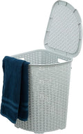 Plastic Corner Laundry Hamper with Lid, Curved Designed Laundry Basket, Triangle White Smoke Cloths Hamper Organizer with Cut-out Handles for Laundry Room Bedroom Bathroom, Wicker Design, 50 Liter