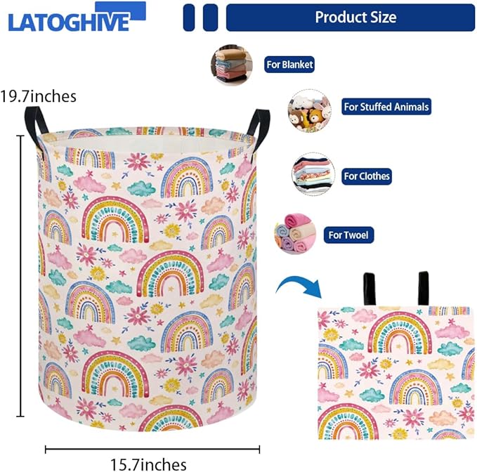 Baby Laundry Hamper kids laundry Basket Waterproof Laundry Bag for Bedroom Toy Clothes Organizer Room Décor(Pink Rainbow)