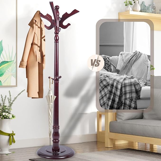 Free Standing Coat Rack with 14 Hooks, Vintage Wooden Coat Tree, Adjustable Height 73 Inches, Retro Coat Stand for Entryway, Living Room, Office & Bedroom (Mahogany) (Flying Swallow, 1 PCS)