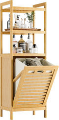 HITNET Tilt Out Laundry Hamper, Bamboo Laundry Basket with Foldable Bag and 3 Open Shelves, Freestanding Clothes Storage Organizer for Bedroom, Bathroom, Living Room, Natural