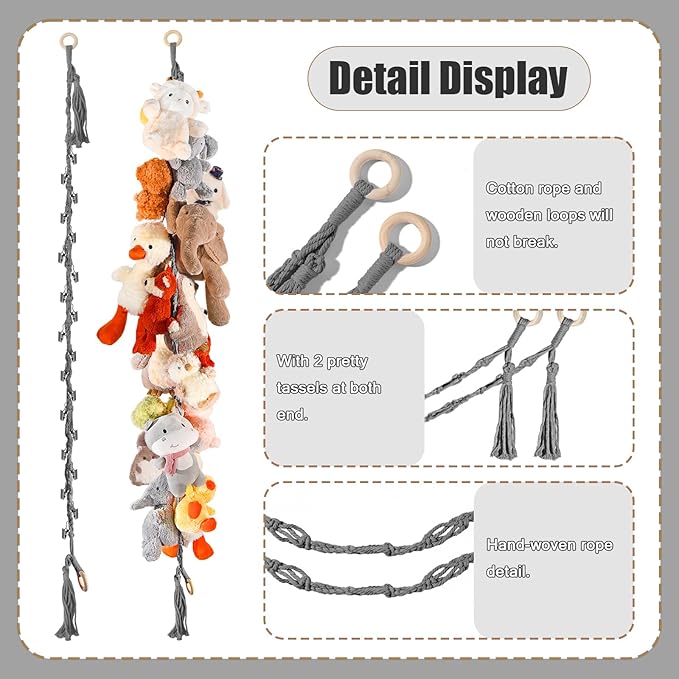 80" Cotton Hanging Storage Chain For Stuffed Animals Storage with 40 Metal Clips, Stuffed Animal Organizer Chain for Wall Corner Nursery Play Room, Grey