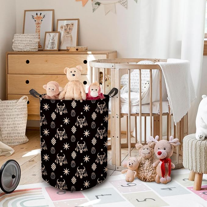Western Aztec Bull Skull Laundry Basket, Toybox for Boys Girls Room, Western Laundry Basket Hamper Waterproof Collapsible Clothes Toys Storage Bin Organizer for Bedroom Bathroom Kids Room Dorm