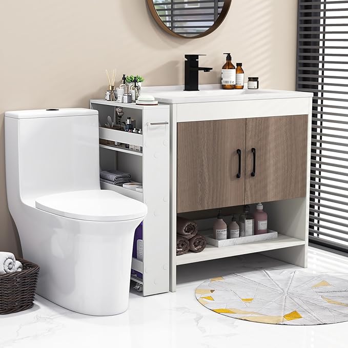 Slim Storage Rolling Cart, 4-Tier Side Out Shelving Unit with Handle, Mobile Organizer Utility Cart on Wheels for Laundry, Bathroom, Office, Kitchen, Narrow Places (White)