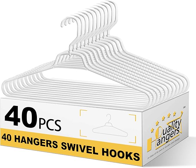 Quality Hangers Heavy Duty White Plastic Hangers 40-Pack with Swivel Hook | 7mm Thick Non Slip Coat Hangers with Accessory Bar | Ideal Clothes Hangers Plastic for Everyday Use | 17 Inches (40, White)