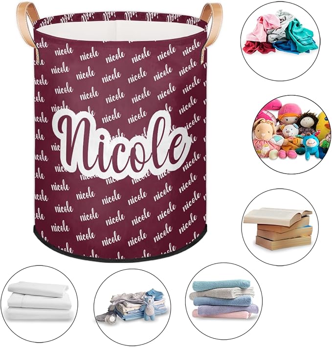 Custom Name Laundry-Hamper, Personalized Red Kids-Clothes-Hamper Foldable with Name, Customized Storage Basket with Handles Waterproof Gift for Boys Girls Baby Women