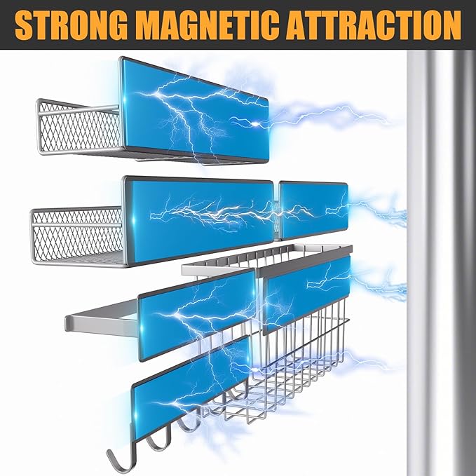Laundry Organizer with Hanger 6-Pack, Magnetic Shelves for Washing Machine, Magnetic Refrigerator Shelves, Magnet Holder & Baskets, Metal Storage System for Laundry Room, Grey