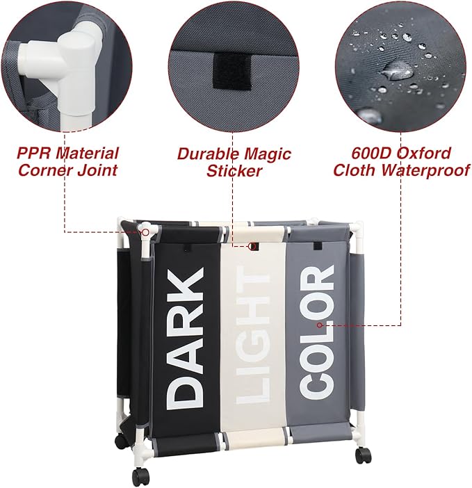 Laundry Sorter 3 Section Laundry Hamper Basket with Rolling Wheels Laundry Organizer Cart for Bathroom Bedroom Nursery (White+Grey+Black)