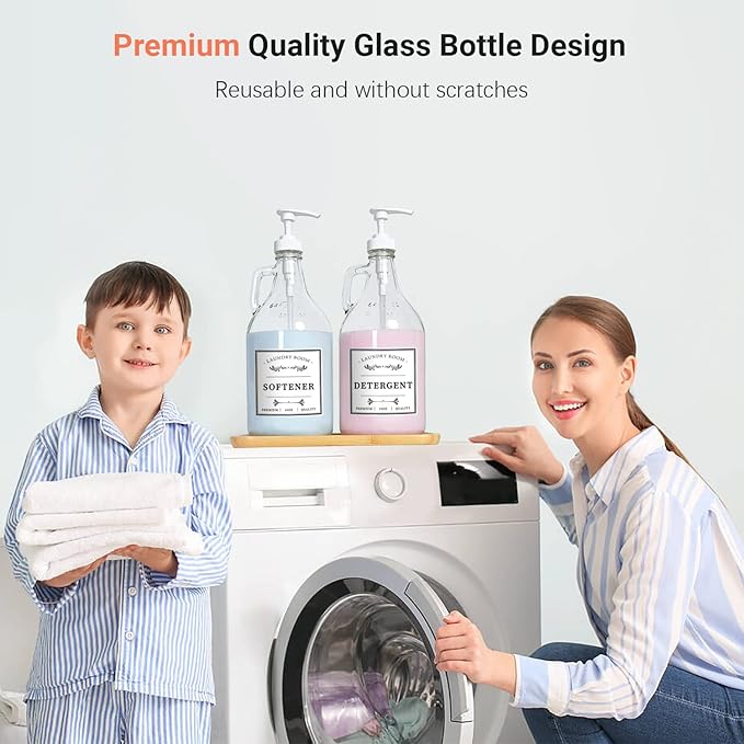Glass Laundry Detergent Dispenser, Liquid Laundry Soap Dispenser for Laundry Room, 64oz Detergent Bleach Softener Dispenser for Farmhouse Decor, Includes Pumps, Funnel, Labels and Bamboo Tray