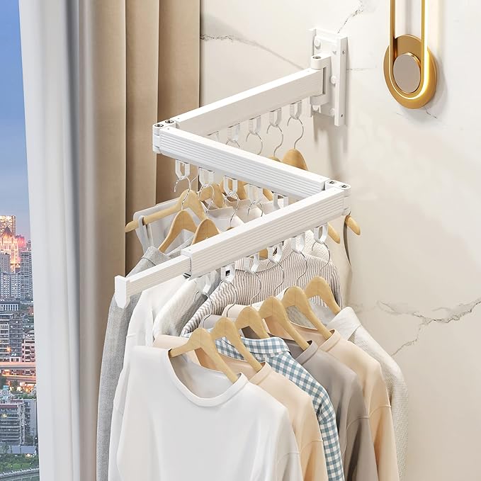 Wall Mounted Clothes Drying Rack, Collapsible Laundry Drying Rack, Retractable Foldable Drying Rack Clothing for Hanging Clothes,White-Rings