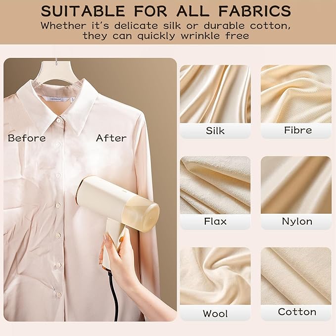 Portable Handheld Steamer, 25S Rapid Preheating 1500W Powerful Clothing Wrinkle Remover, A Small Foldable Steam Iron Suitable for Garments, Fabrics & Curtains (Beige)