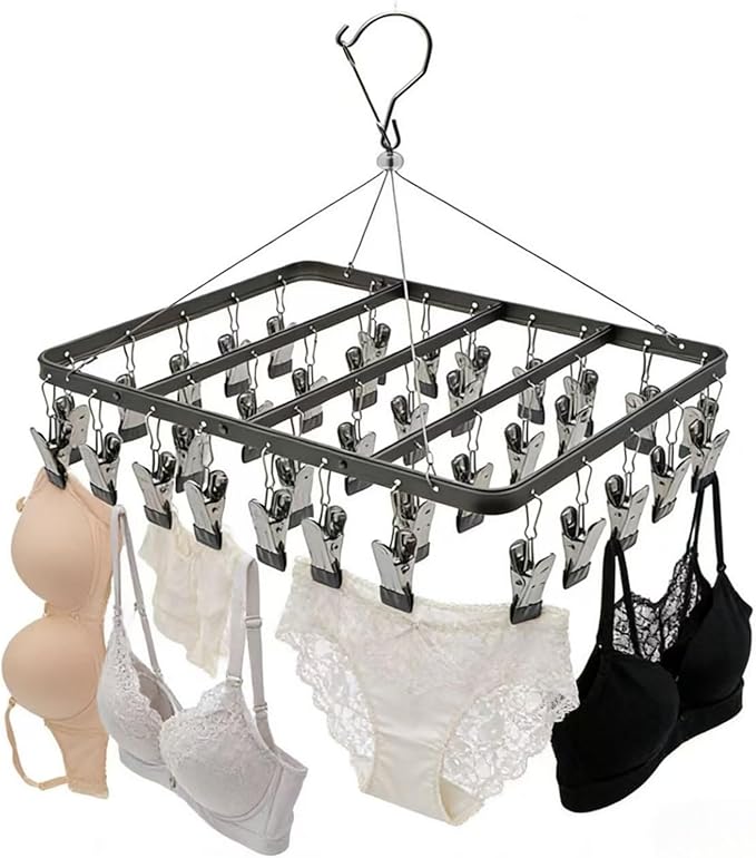 Clothes Drying Racks Clip Hangers Metal with 36 Clips Windproof Hook Underwear Hanger Foldable Laundry Clip for Socks Bras Black