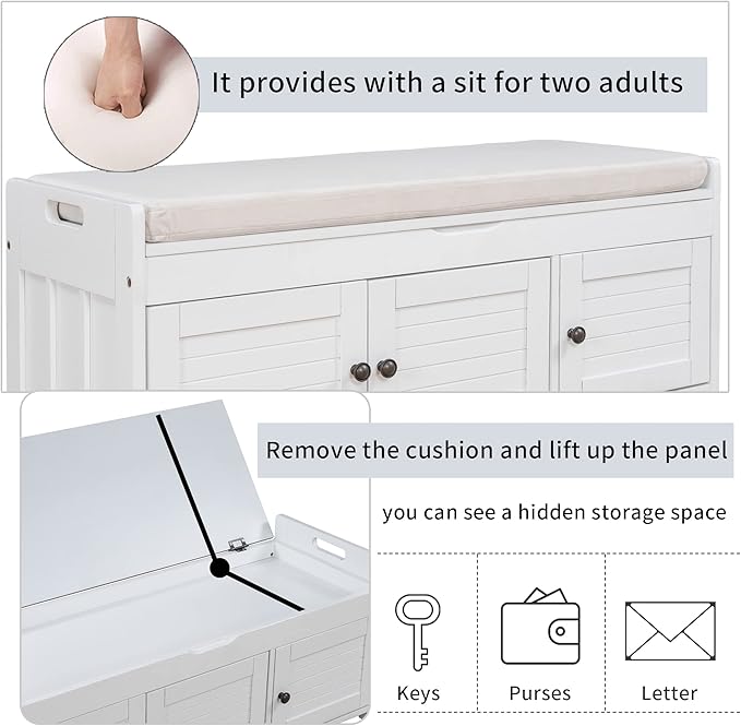 SOFTSEA Storage Bench with 3 Shutter-Shaped Doors Wood Entryway Bench Shoe Bench with Removable Cushion and Hidden Storage