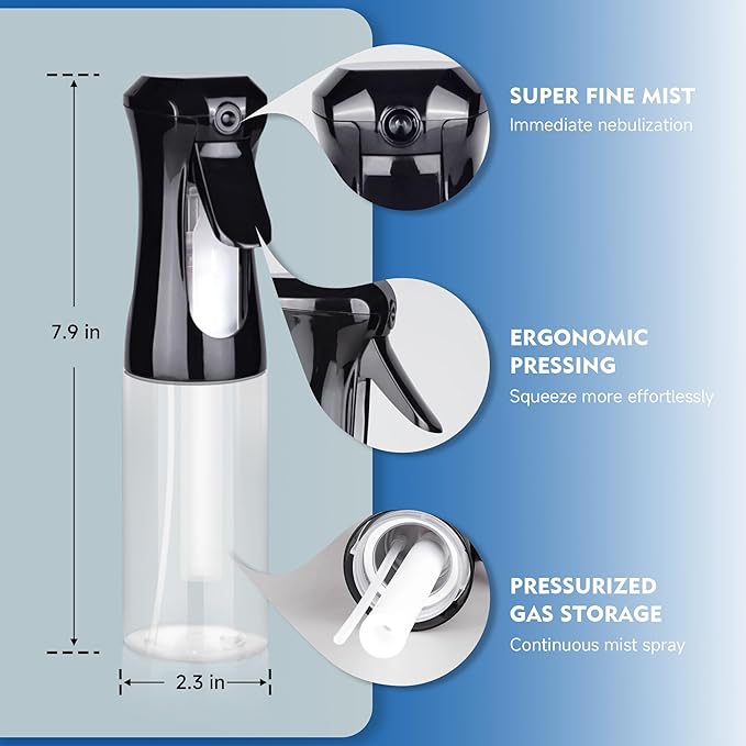Continuous Spray Bottle for Hair, 2Pack Black 6.8oz Mister Spray Bottle, Hair Spray Bottles for Hairstyling, Cleaning, Plants, Pets, Salons & More
