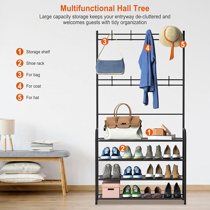 iMounTEK Coat Hat Rack Shoe Storage Shelf 5 Tier Entryway Coat Hat Rack Shoe Rack Freestanding Hall Tree Garment Hanger Stand Clothes Shoe Organizer for Home,living room, office, bedroom