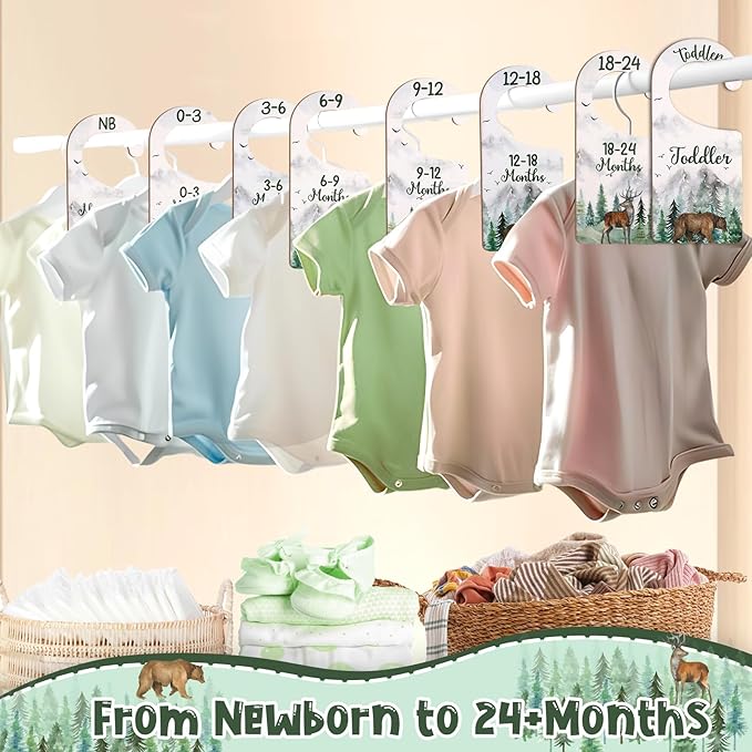 Baby Closet Dividers 8PCS, Mountain/Forest/Adventure Theme Wooden Double-Sided Clothes Size Hanger Organizer from Newborn to Toddler for Nursery Decor Baby Shower Birthday Gift