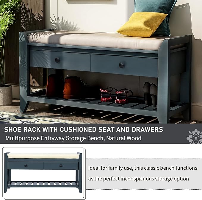 Harper & Bright Designs TREXM Shoe Rack with Cushioned Seat and Drawers, Multipurpose Entryway Storage Bench (Antique Navy)