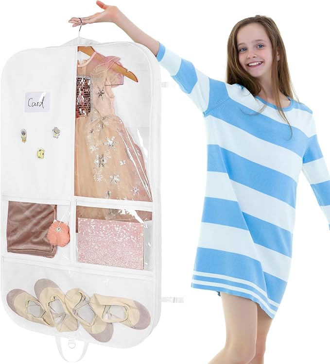 Univivi White Garment Bags for Dance Costumes 40 Inch Dance Costume Garment Bag for Girls, 3 Medium Clear Zipper Pockets and 2 Back Zippered Pocket, with 1 xPendant, 3 x Badge
