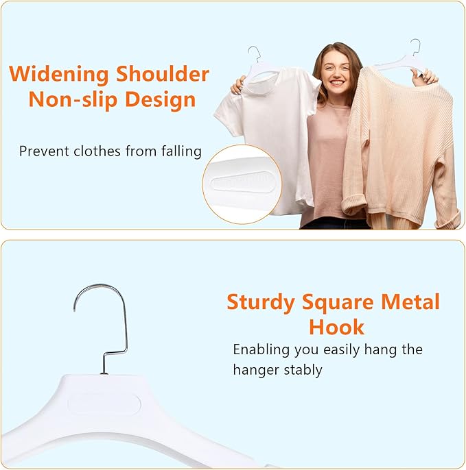 DEDU Suit Hangers for Men 10 Pack, Sweater Hangers No Shoulder Bump Non Slip Width 17.7", Plastic Clothes Hangers White with Metal Hook