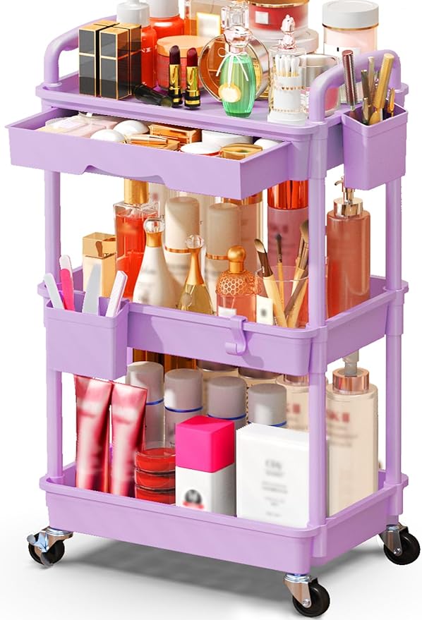 Makeup Cart Organizer with Drawers, Floor Skincare Organizers Vanity Storage Organizer, Rolling Makeup Bathroom Storage Cart Cosmetics Display Cases for Skin Care Perfume Nail Polish, Purple