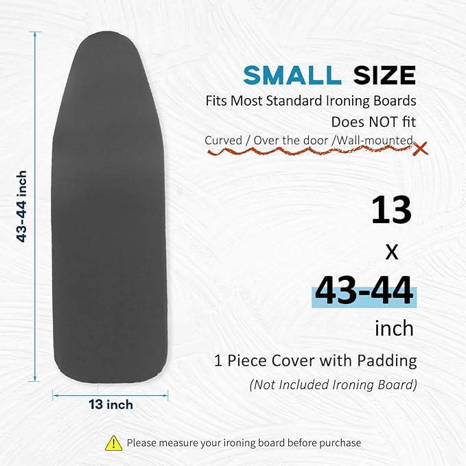 43x13 Small Ironing Board Cover and Pad, Iron Board Replacement Cover, Thick Felt Padding, Scorch Resistant 100% Cotton, Heat Reflective, Elastic Edge, Black