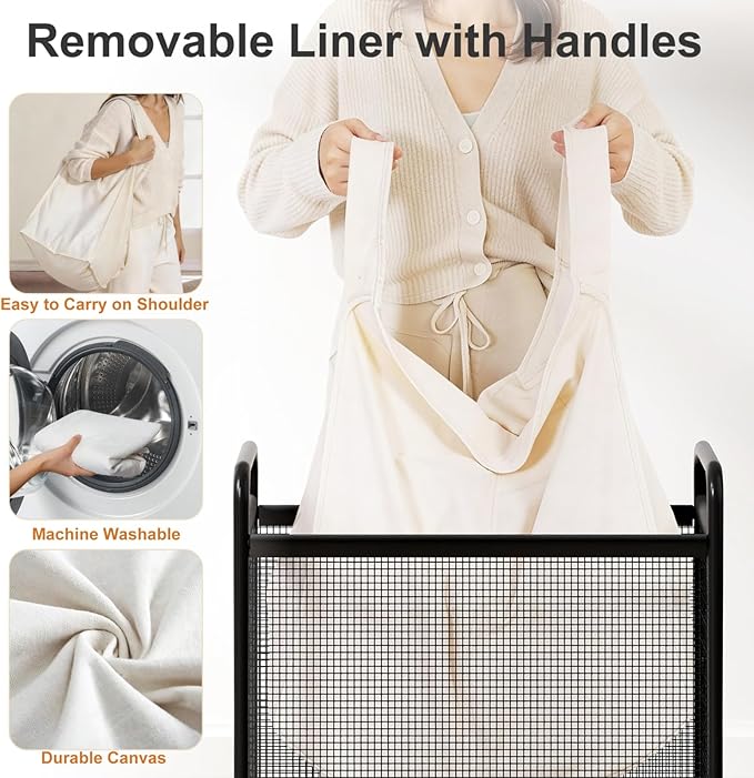 WOWLIVE Laundry Hamper 2 Section, 100L Rolling Laundry Basket with wheels and Removable Liner Bag, Double Laundry Sorter with Metal Handle, Clothes Hamper for Laundry Room, Bathroom and Dorm, Beige