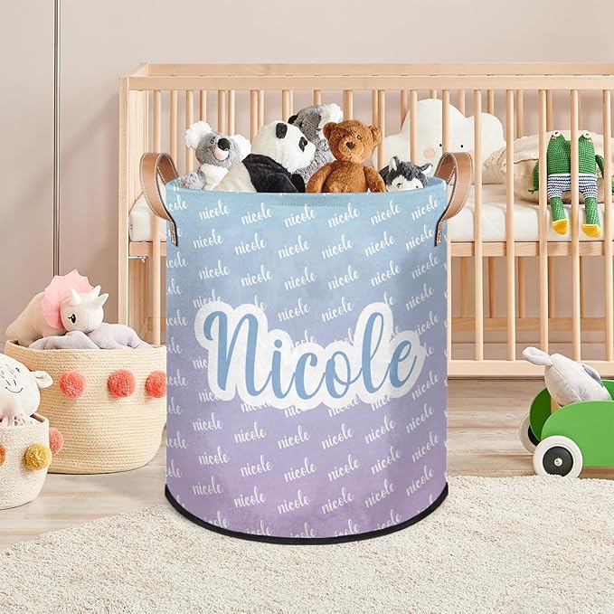 Custom Name Laundry-Hamper, Personalized Kids-Clothes-Hamper Foldable with Name, Customized Storage Basket with Handles Waterproof Gift for Boys Girls Baby Women,Gradient Green Purple