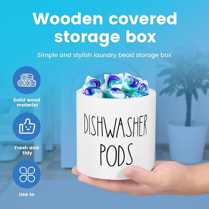 Round Dishwasher Pods Container, Wooden Laundry Pod Holder with Lid, White