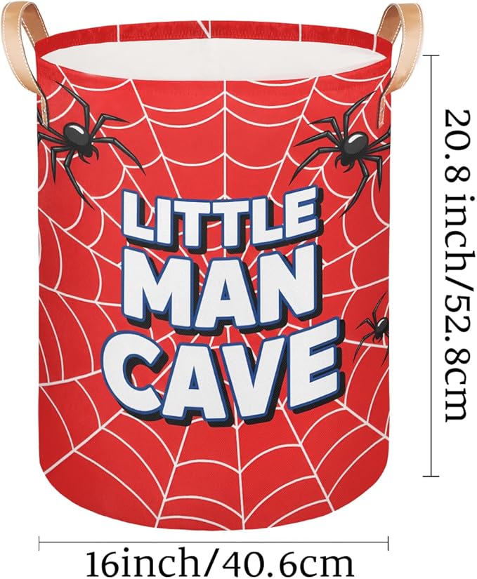Little Man Cave Laundry Basket Hamper - Spider Web Collapsible Storage Bin for Blankets, Kids Toys, Clothes, 62L Large Red Tall Baby Nursery Hamper for Bathroom, Boys Bedroom Decor, Gift Basket