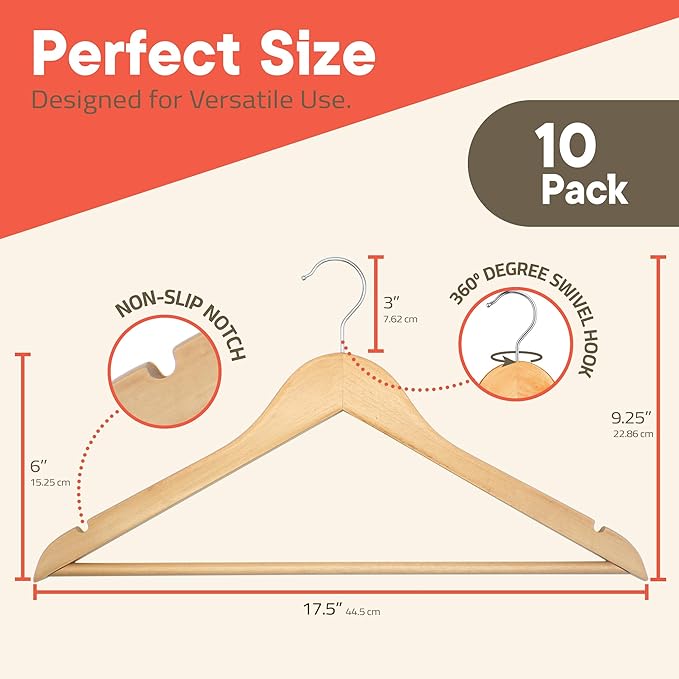 Natural Wooden Hangers 10 Pack – Heavy-Duty with 360° Swivel Hook, Non-Slip, Pants Bar & Shoulder Grooves - Wooden Hangers for Suits, Jackets, Dresses & Camisoles, Space-Saving and Smooth Finish