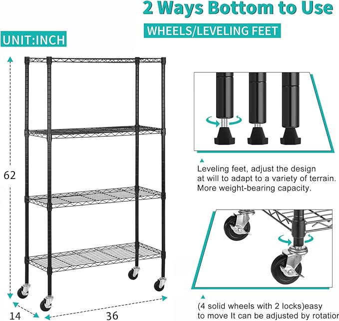 YRLLENSDAN Storage Shelves with Wheels, Heavy Duty 4 Tier Garage Storage Rack, Adjustable Wire Shelving Unit, Metal Shelf Organizer for Pantry, Kitchen, Basement, 36" W x 14" D x 62" H, Black